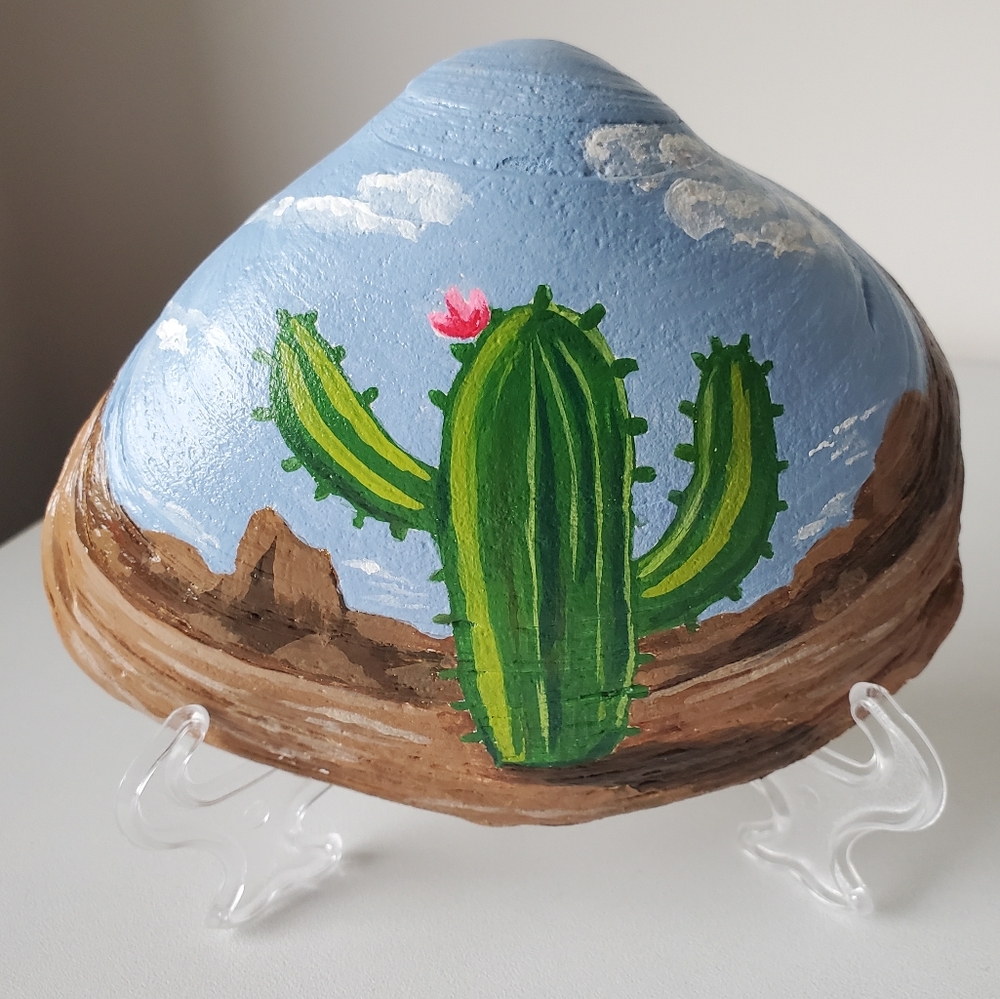 Original Cactus Desert Landscape Hand-Painted 4.75" Seashell By Art4annz